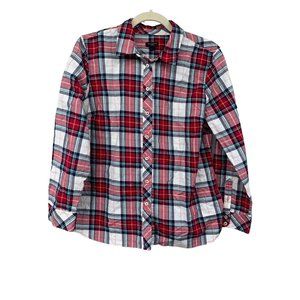 Talbots Womans L Petite Plaid Button Down Shirt Long Sleeve Red White Blue Green